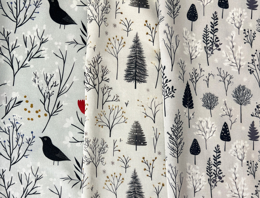 Scandinavian Winter Forest Print Rayon Wool Fabric – Light Twill Weave, Soft Pre-Washed