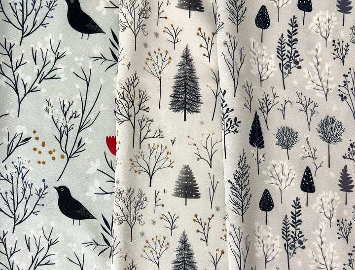 Scandinavian Winter Forest Print Rayon Wool Fabric – Light Twill Weave, Soft Pre-Washed