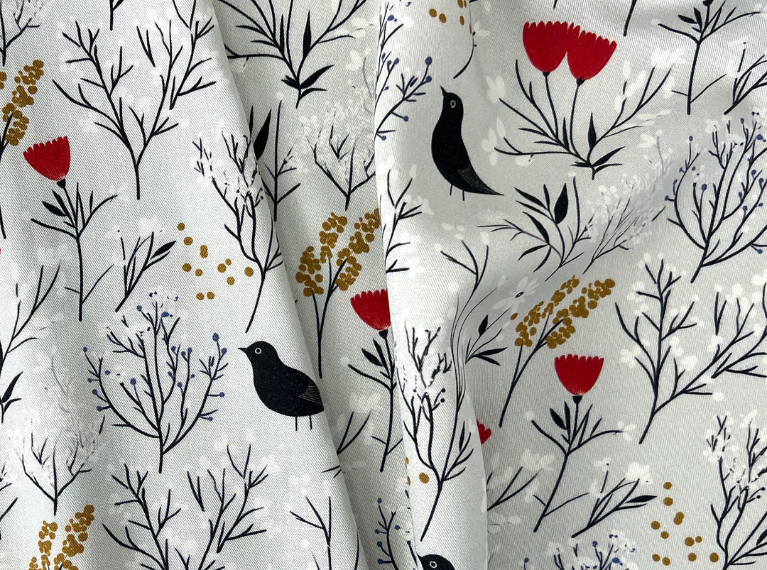 Scandinavian Winter Forest Print Rayon Wool Fabric – Light Twill Weave, Soft Pre-Washed