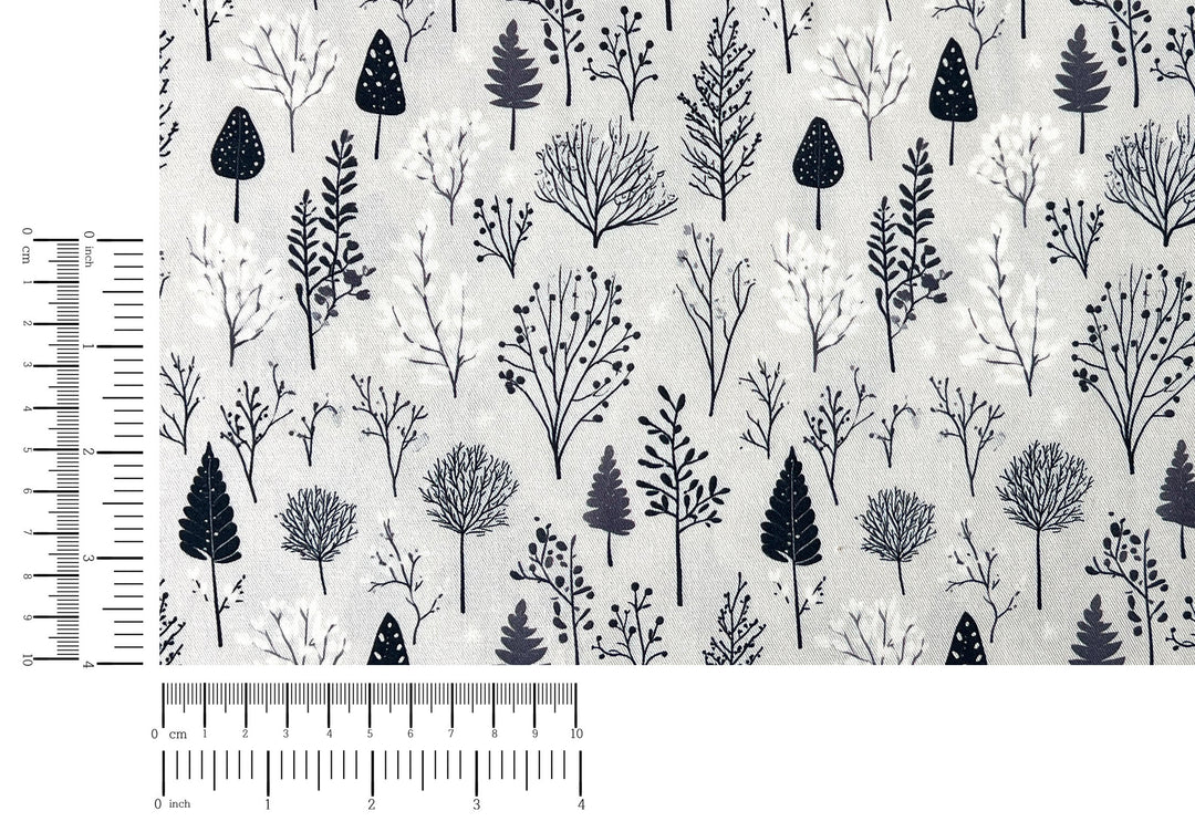 Scandinavian Winter Forest Print Rayon Wool Fabric – Light Twill Weave, Soft Pre-Washed