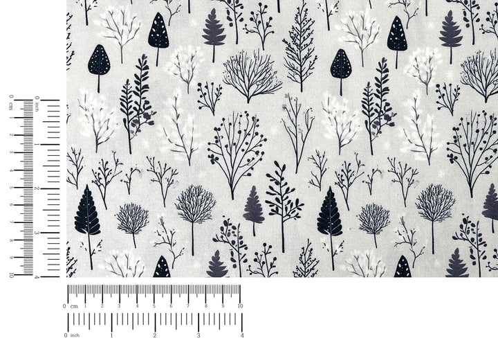 Scandinavian Winter Forest Print Rayon Wool Fabric – Light Twill Weave, Soft Pre-Washed