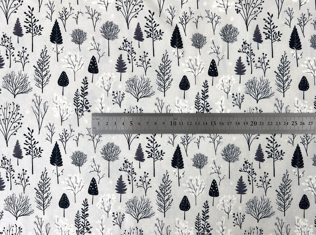 Scandinavian Winter Forest Print Rayon Wool Fabric – Light Twill Weave, Soft Pre-Washed