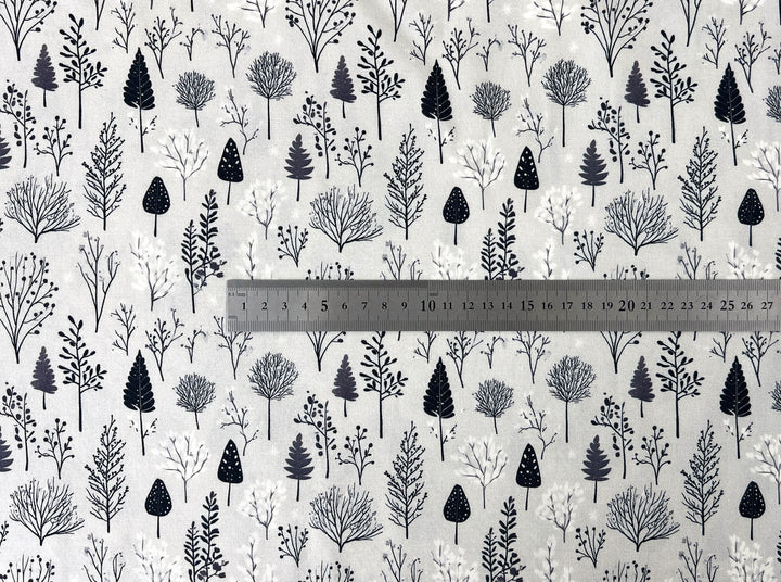 Scandinavian Winter Forest Print Rayon Wool Fabric – Light Twill Weave, Soft Pre-Washed