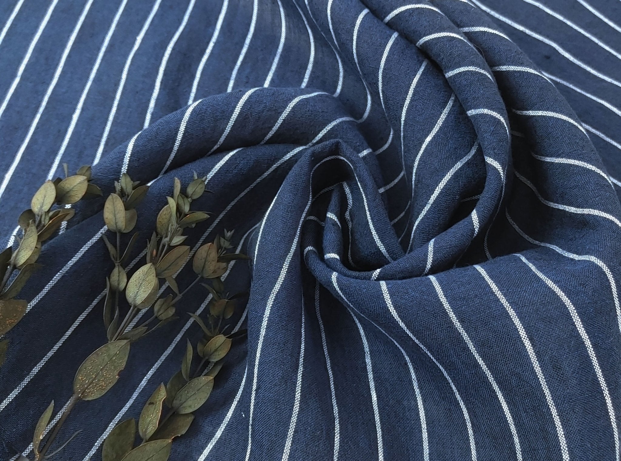 Navy Blue & White Striped Linen Fabric