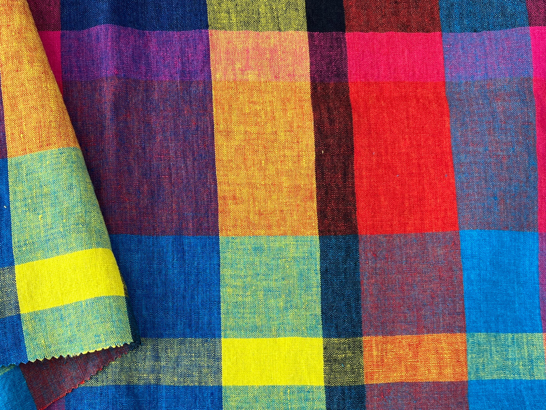 Colorful Madras Check 100% Linen Fabric | Pre-Washed Soft Touch | 8017