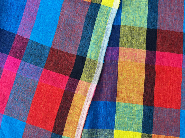 Colorful Madras Check 100% Linen Fabric | Pre-Washed Soft Touch | 8017