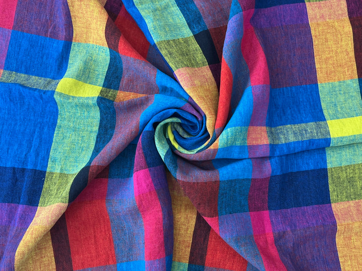 Colorful Madras Check 100% Linen Fabric | Pre-Washed Soft Touch | 8017