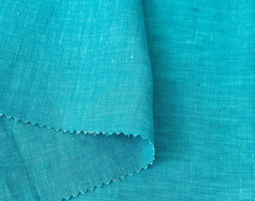 100% Linen Vintage Dyed Delave Fabric – Fine 21s Yarn, Pre-Washed, Light Weight Bright Teal 6591