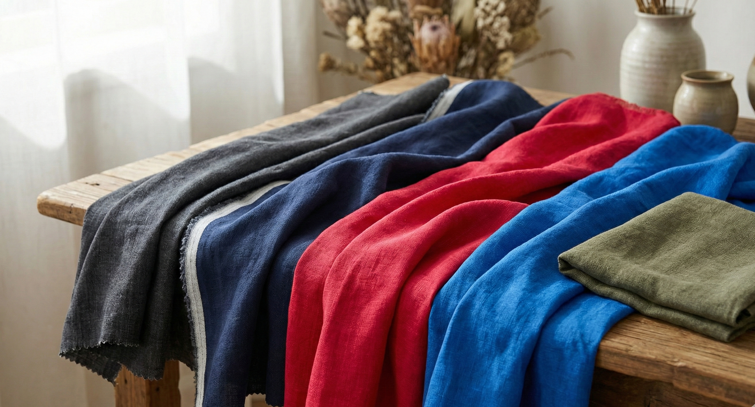 Colorful towels draped over a wooden bench with a neutral background