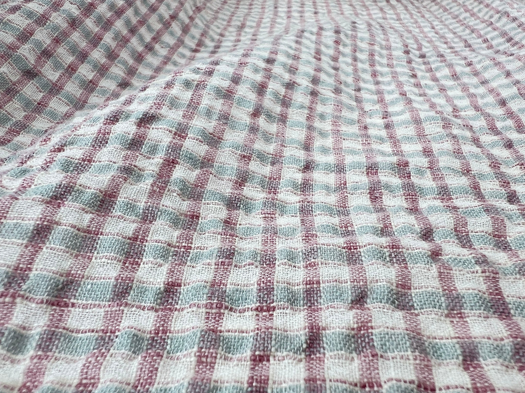 Linen Cotton Seersucker Fabric with Small Checks – Natural Stretch Texture 8217