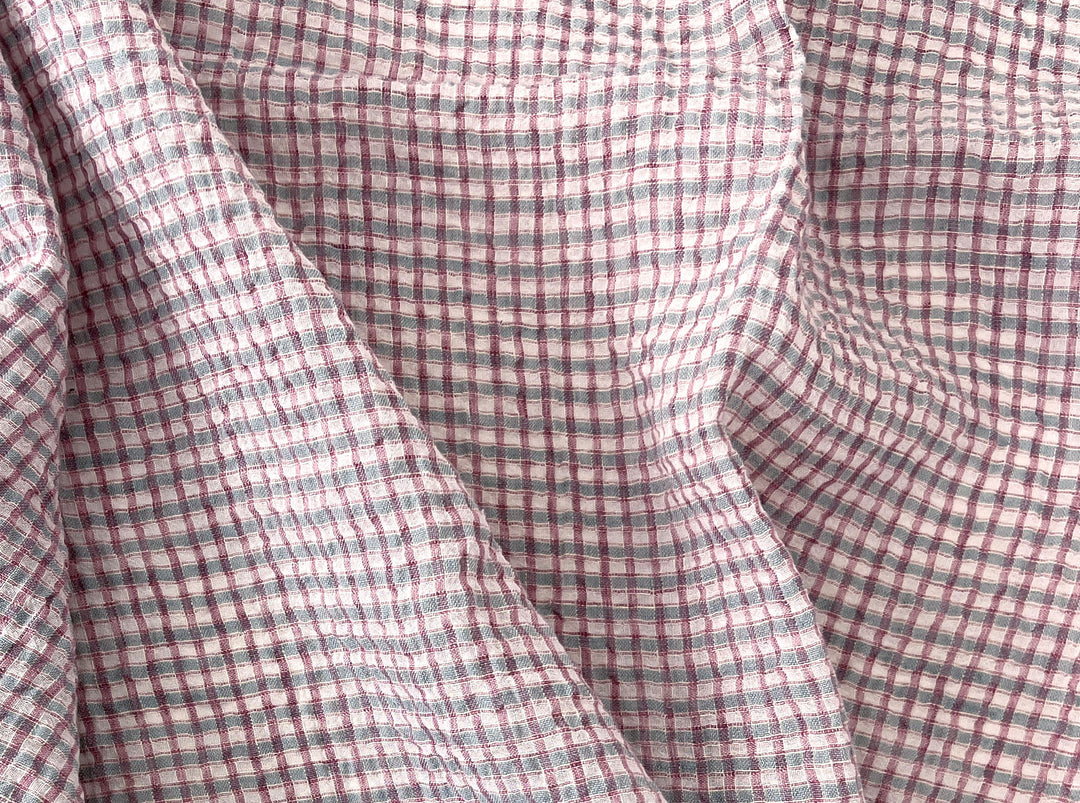 Linen Cotton Seersucker Fabric with Small Checks – Natural Stretch Texture 8217