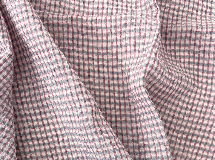 Linen Cotton Seersucker Fabric with Small Checks – Natural Stretch Texture 8217