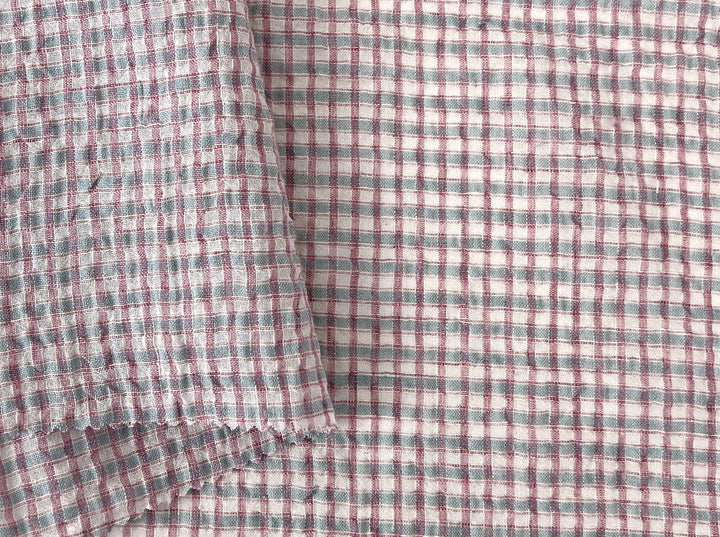 Linen Cotton Seersucker Fabric with Small Checks – Natural Stretch Texture 8217