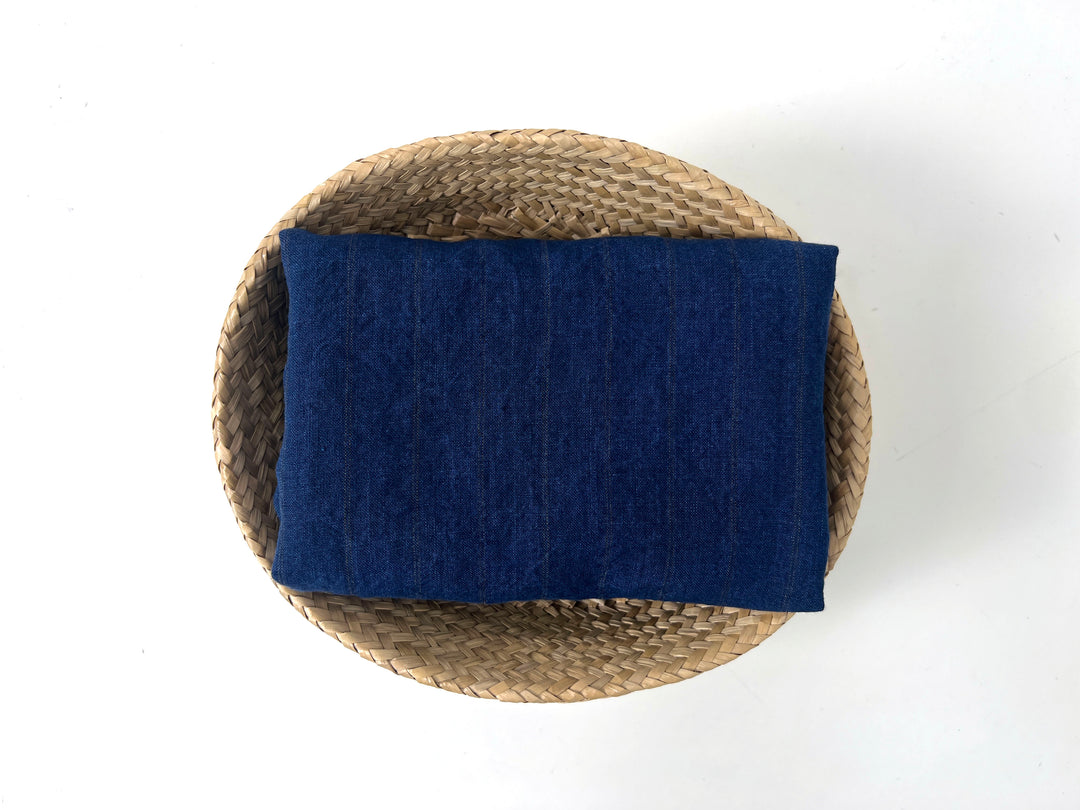 100% Linen Delavé Stripe Fabric – Deep Blue with Subtle Brown Lines, Medium Weight 8238