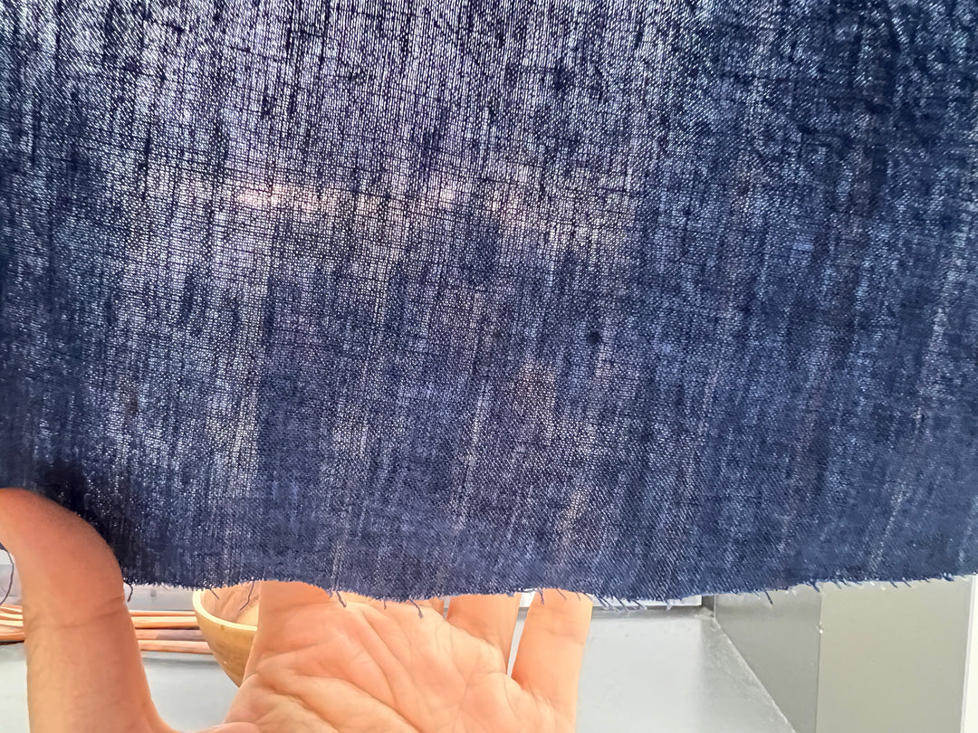 100% Linen Delavé Stripe Fabric – Deep Blue with Subtle Brown Lines, Medium Weight 8238