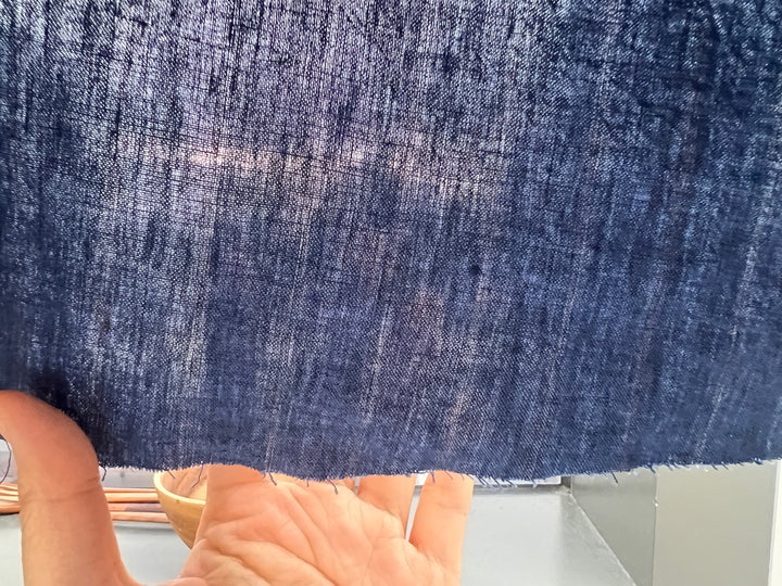 100% Linen Delavé Stripe Fabric – Deep Blue with Subtle Brown Lines, Medium Weight 8238