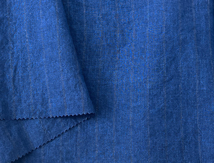 100% Linen Delavé Stripe Fabric – Deep Blue with Subtle Brown Lines, Medium Weight 8238