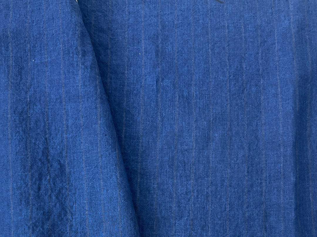 100% Linen Delavé Stripe Fabric – Deep Blue with Subtle Brown Lines, Medium Weight 8238