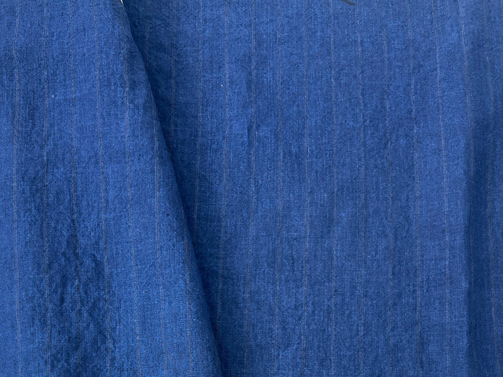 100% Linen Delavé Stripe Fabric – Deep Blue with Subtle Brown Lines, Medium Weight 8238