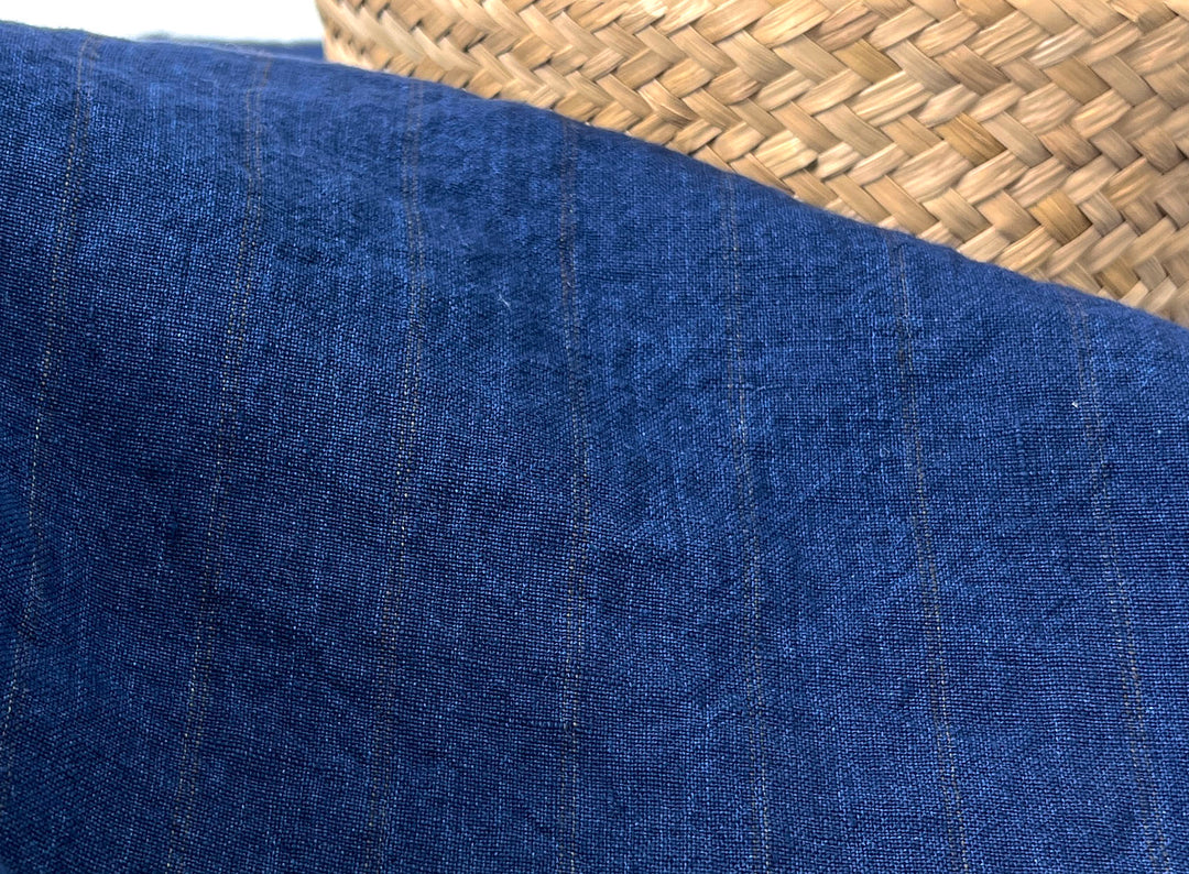 100% Linen Delavé Stripe Fabric – Deep Blue with Subtle Brown Lines, Medium Weight 8238