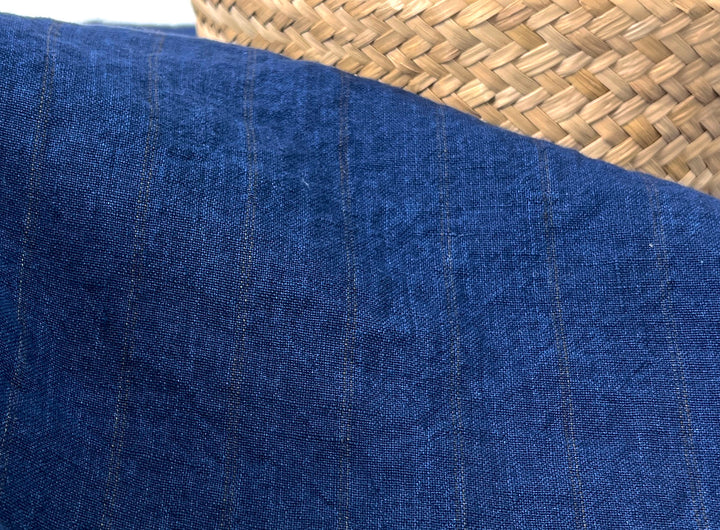 100% Linen Delavé Stripe Fabric – Deep Blue with Subtle Brown Lines, Medium Weight 8238