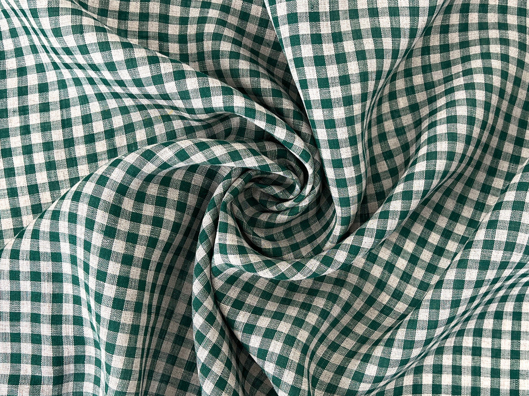 100% Linen Forest Green Gingham Check Fabric 8287