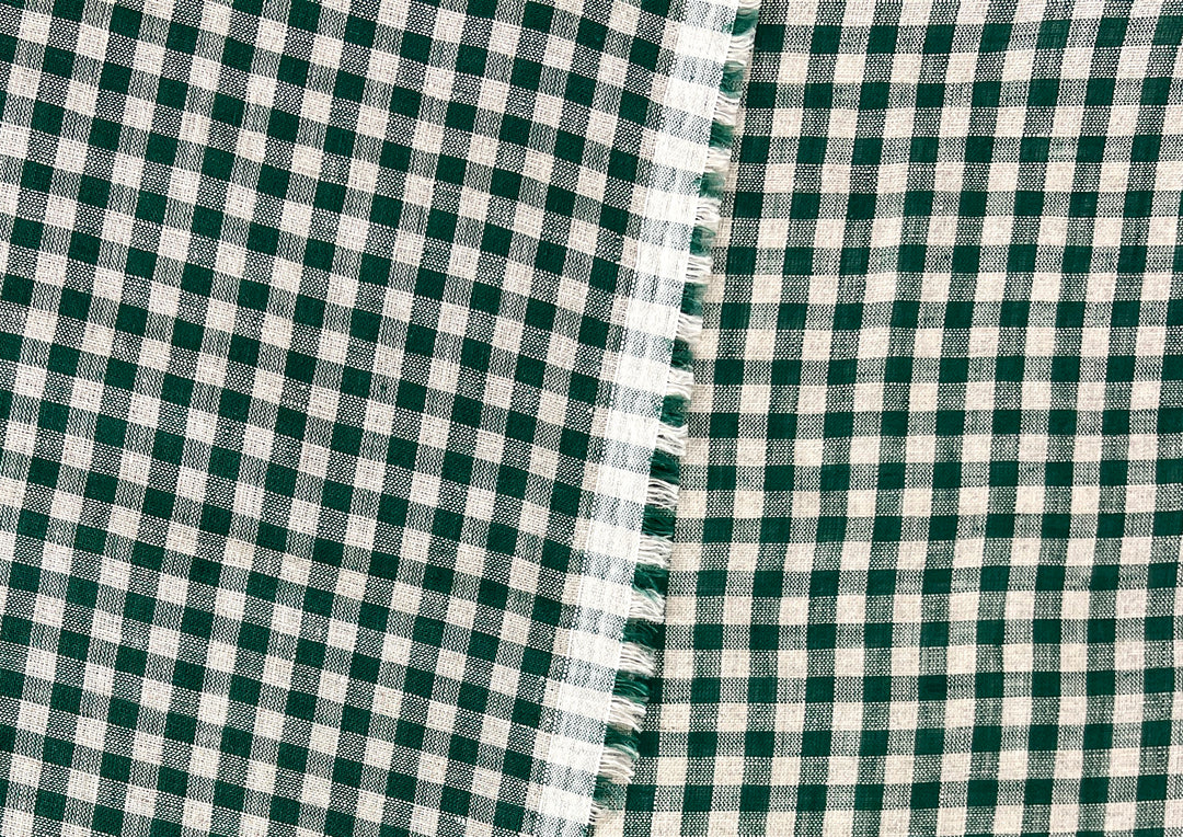 100% Linen Forest Green Gingham Check Fabric 8287