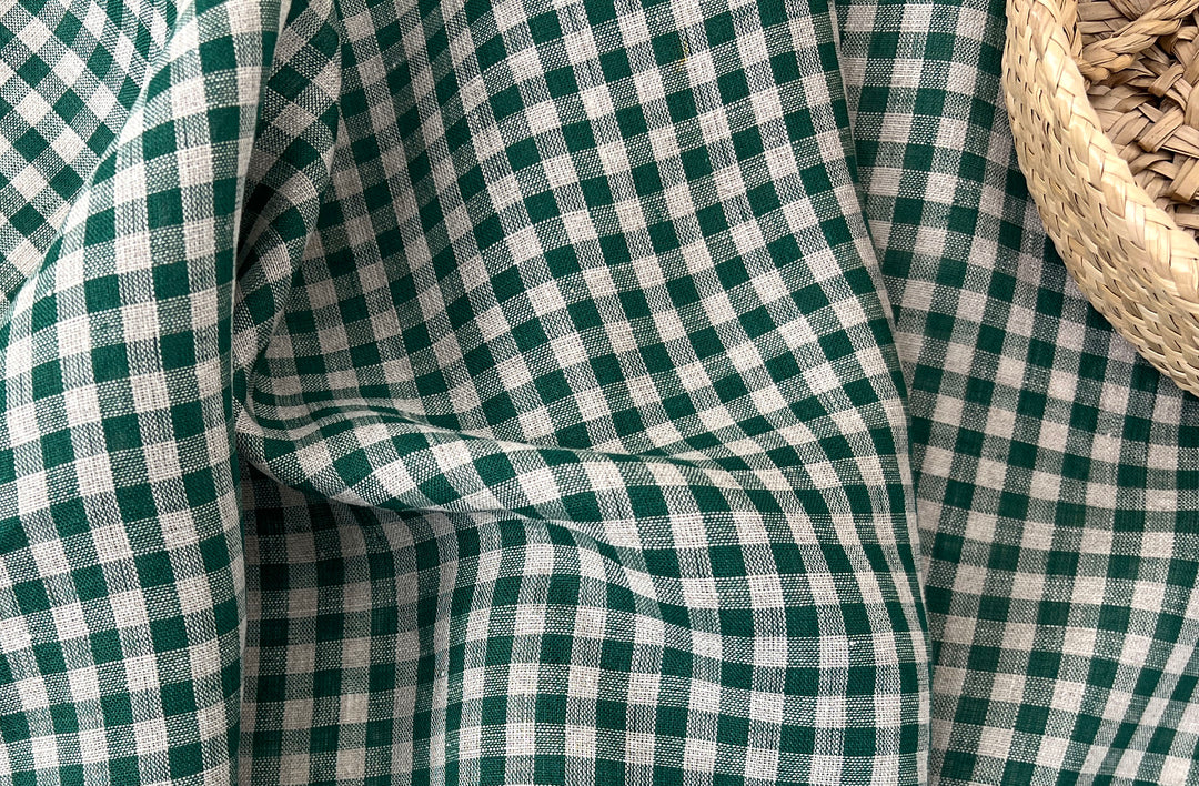100% Linen Forest Green Gingham Check Fabric 8287