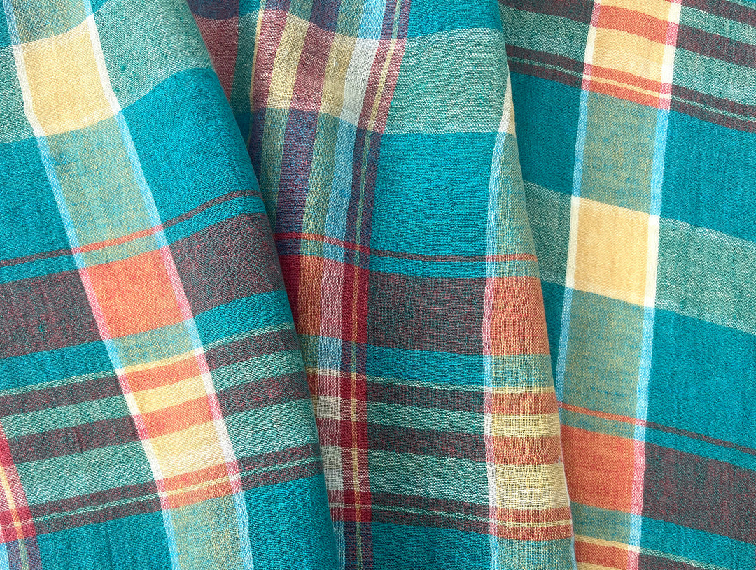 High-Twist Yarn-Dyed Plaid Linen Polyester Fabric – Soft with Crisp, Subtle Wrinkle 7979