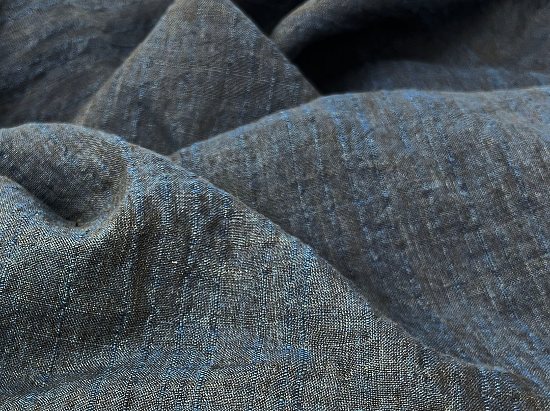 Dark Navy 100% Linen Fabric with Subtle Dobby Stripes 8255