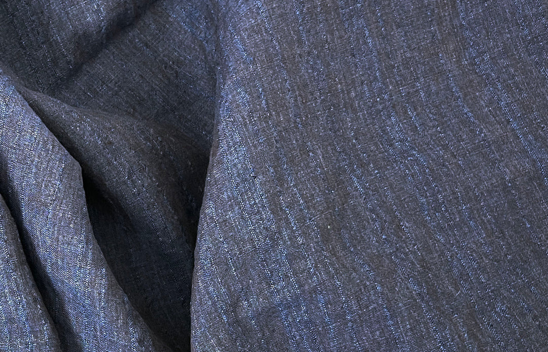 Dark Navy 100% Linen Fabric with Subtle Dobby Stripes 8255