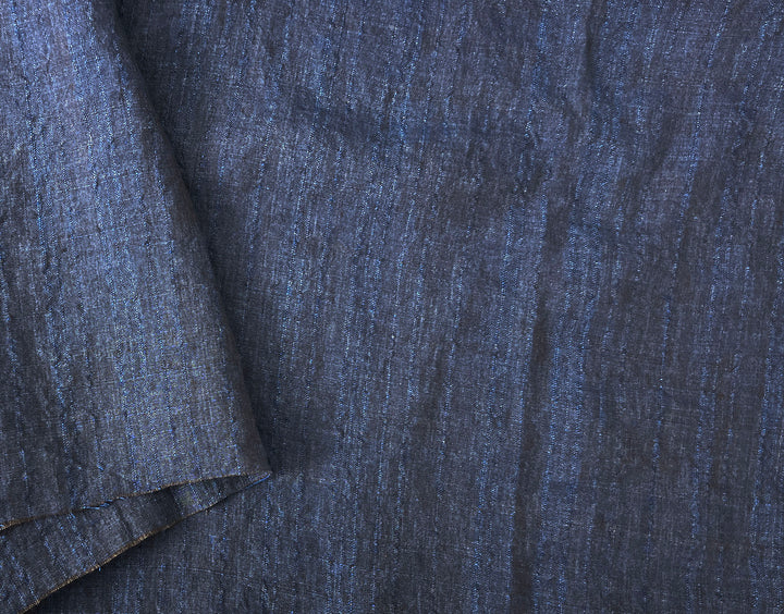 Dark Navy 100% Linen Fabric with Subtle Dobby Stripes 8255