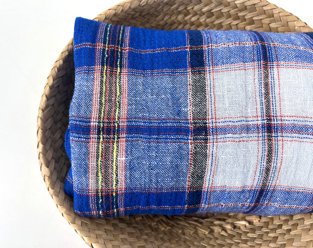 Royal Blue Plaid High-Twist Linen Blend Fabric – Lightweight with Subtle Stretch & Natural Wrinkle 7882