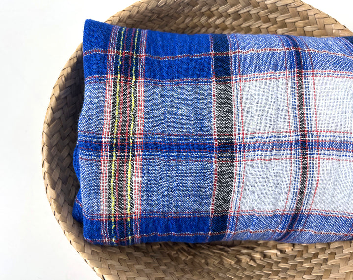 Royal Blue Plaid High-Twist Linen Blend Fabric – Lightweight with Subtle Stretch & Natural Wrinkle 7882