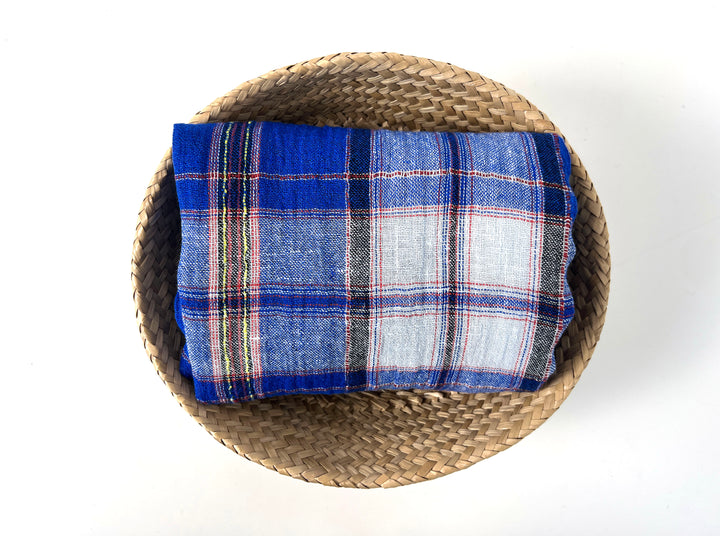 Royal Blue Plaid High-Twist Linen Blend Fabric – Lightweight with Subtle Stretch & Natural Wrinkle 7882
