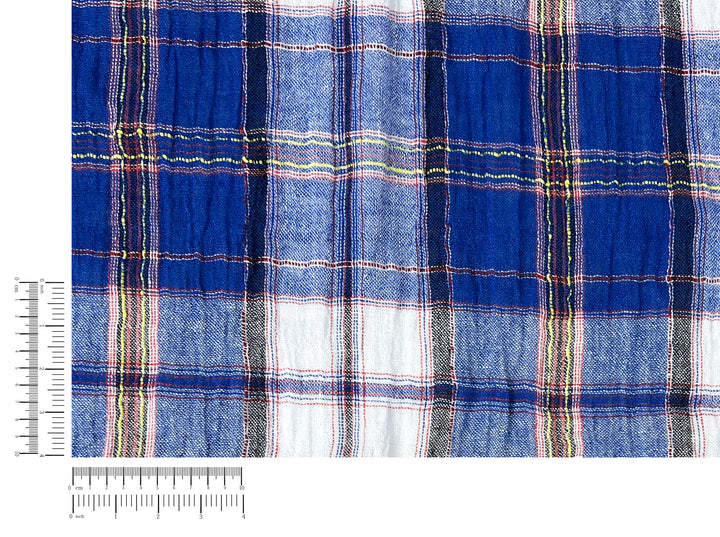Royal Blue Plaid High-Twist Linen Blend Fabric – Lightweight with Subtle Stretch & Natural Wrinkle 7882