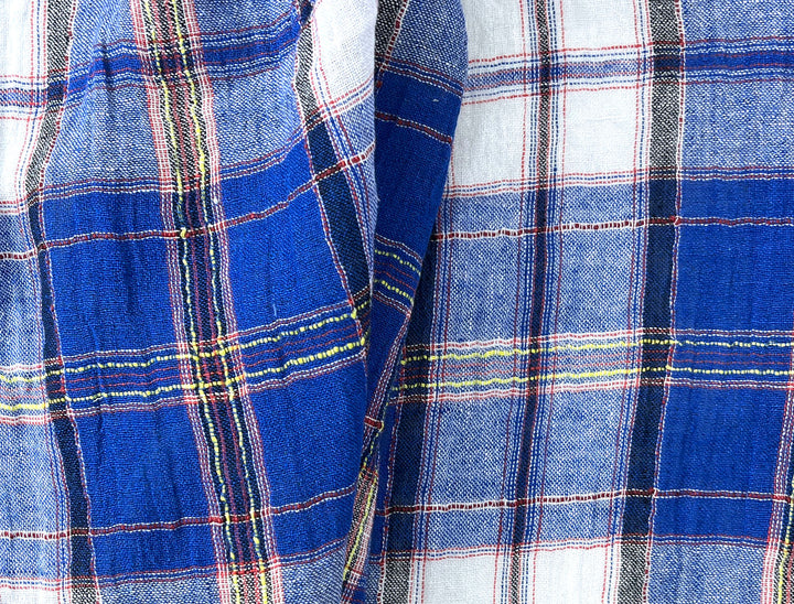 Royal Blue Plaid High-Twist Linen Blend Fabric – Lightweight with Subtle Stretch & Natural Wrinkle 7882
