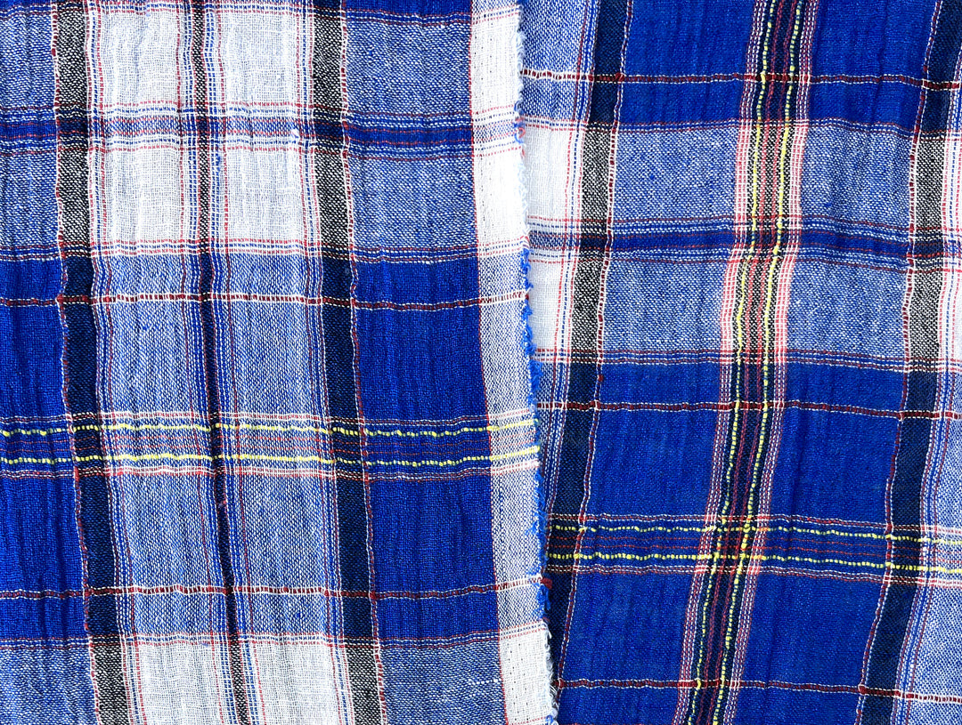 Royal Blue Plaid High-Twist Linen Blend Fabric – Lightweight with Subtle Stretch & Natural Wrinkle 7882