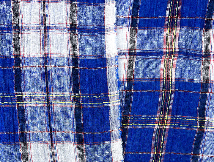 Royal Blue Plaid High-Twist Linen Blend Fabric – Lightweight with Subtle Stretch & Natural Wrinkle 7882