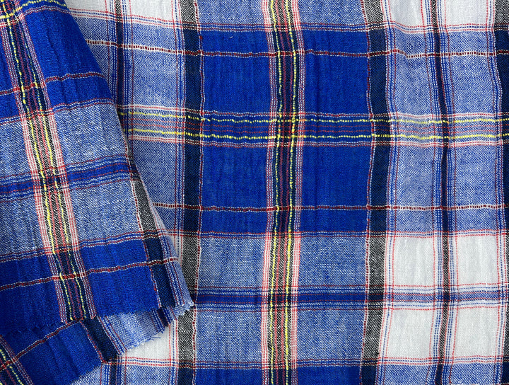 Royal Blue Plaid High-Twist Linen Blend Fabric – Lightweight with Subtle Stretch & Natural Wrinkle 7882