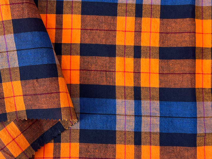 Lightweight Linen Cotton Tencel Plaid Fabric – Navy / Orange Check 8042
