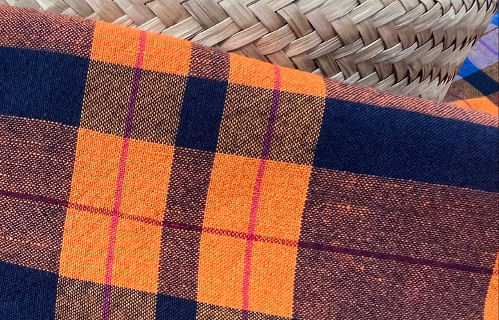 Lightweight Linen Cotton Tencel Plaid Fabric – Navy / Orange Check 8042