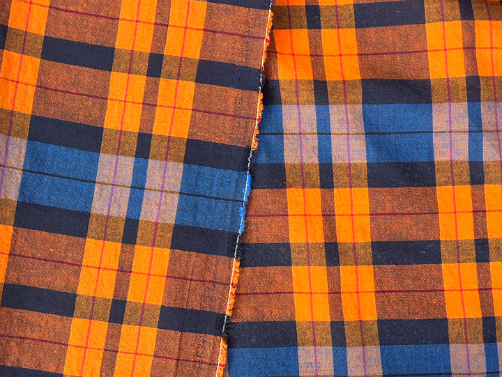 Lightweight Linen Cotton Tencel Plaid Fabric – Navy / Orange Check 8042