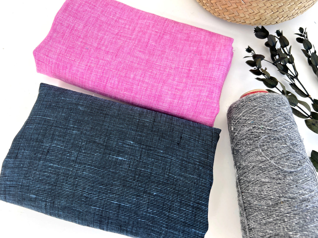 100% Linen Dot Chambray Fabric - Soft Blue & Grey, Fine 21s Yarn Pink 6450