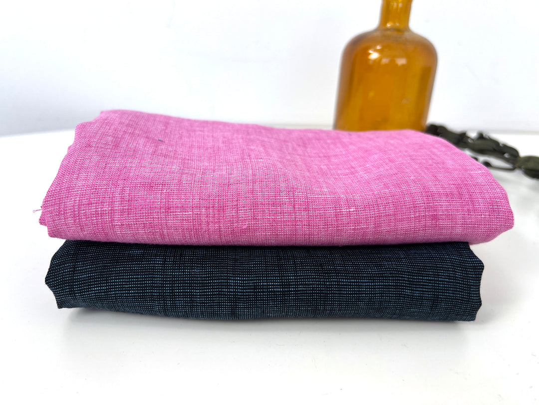 100% Linen Dot Chambray Fabric - Soft Blue & Grey, Fine 21s Yarn Pink 6450