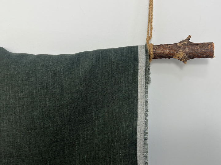 100% Linen Vintage Dyed Delave Fabric – Fine 21s Yarn, Pre-Washed, Light Weight Deep Olive 7968