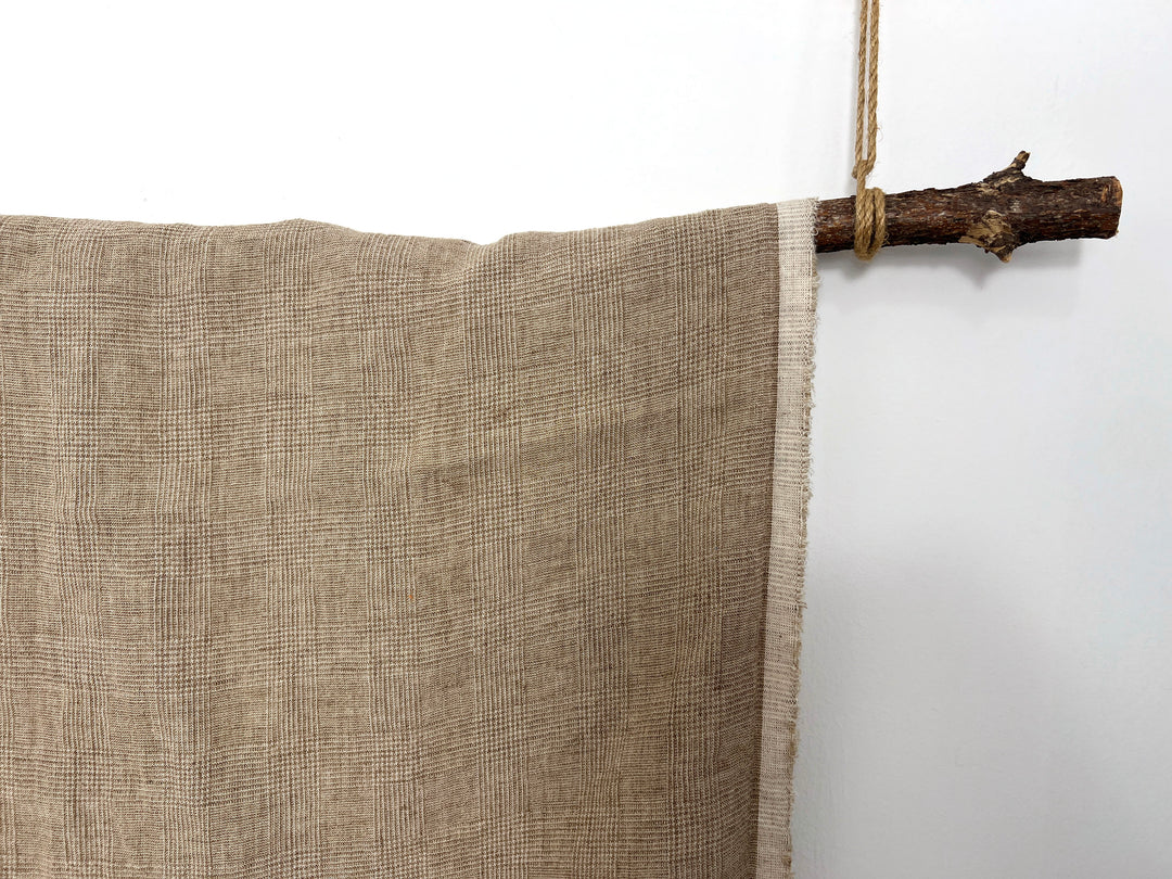 Cool-Touch Glen Plaid | Beige Linen Rayon Blend Fabric 8355