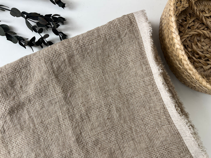 Cool-Touch Glen Plaid | Beige Linen Rayon Blend Fabric 8355