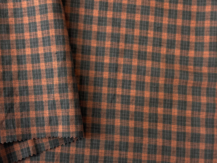 Linen Cotton Tencel Blend Fabric | Brown Madras Plaid | Lightweight and Natural Soft Touch 8359
