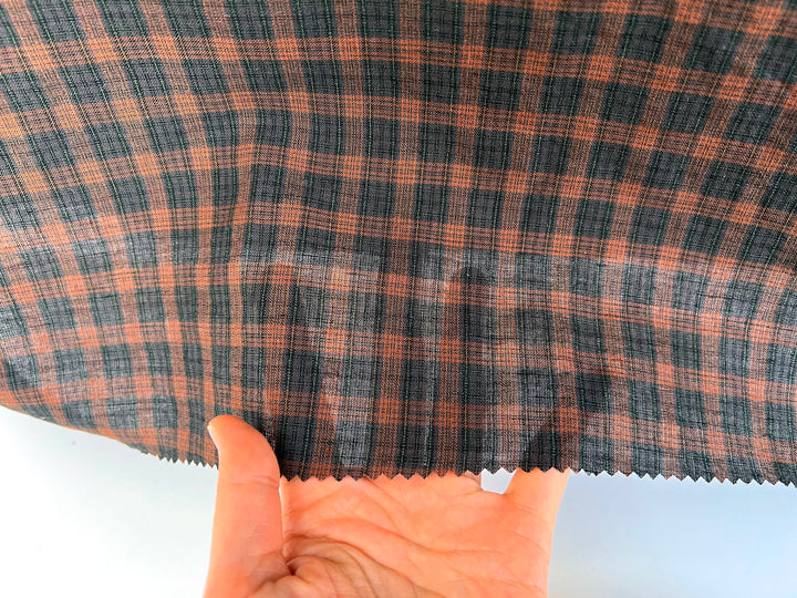 Linen Cotton Tencel Blend Fabric | Brown Madras Plaid | Lightweight and Natural Soft Touch 8359